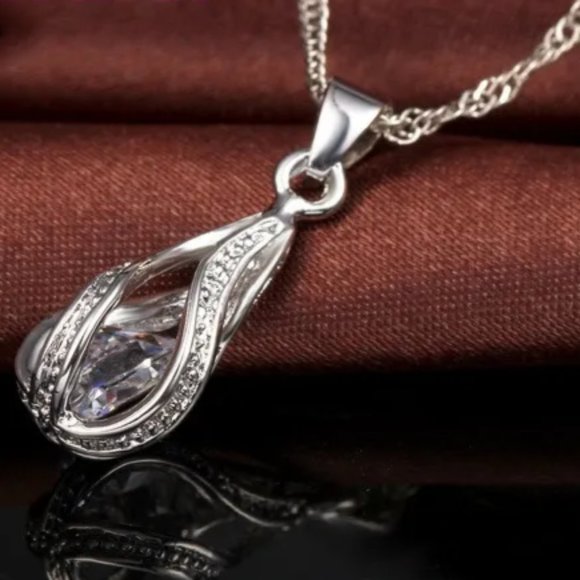 ⭐4Pc Bundle⭐ Diamond Teardrop Pendant And Earrings w 18" Chain Sterling Silver - Picture 4 of 8